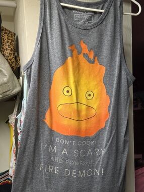Hot Topic Gray Tank Top with Orange-Yellow Flame Face Graphic